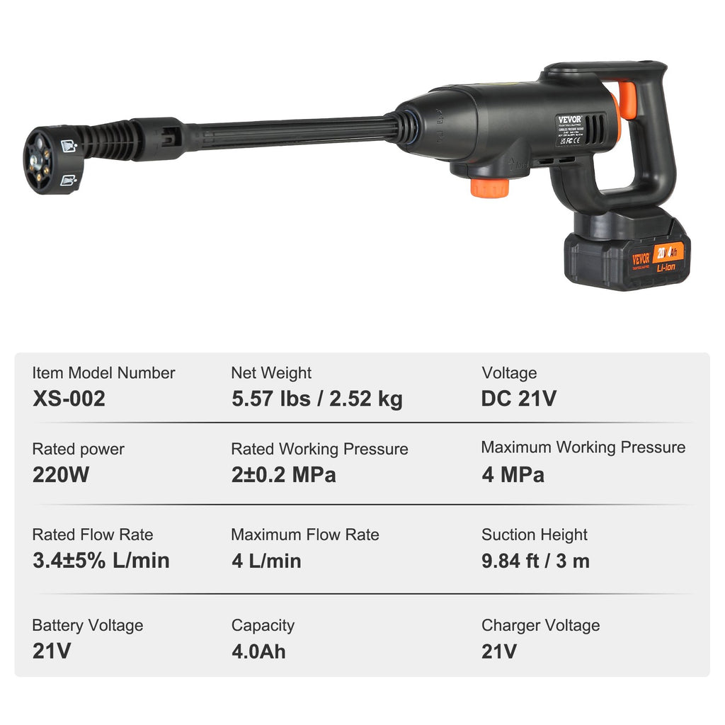 VEVOR Cordless Pressure Washer, 580-PSI 1.1 GPM Portable Power Cleaner, Handheld High-Pressure Car Washer Gun With 4.0Ah Battery, Charger, 6-in-1 Nozzle, For Home Floor Cleaning & Watering