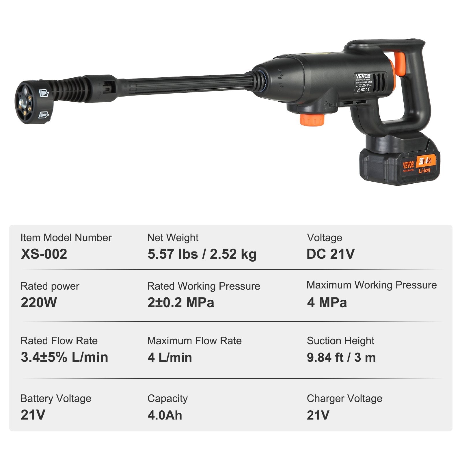 VEVOR Cordless Pressure Washer, 580-PSI 1.1 GPM Portable Power Cleaner, Handheld High-Pressure Car Washer Gun With 4.0Ah Battery, Charger, 6-in-1 Nozzle, For Home Floor Cleaning & Watering