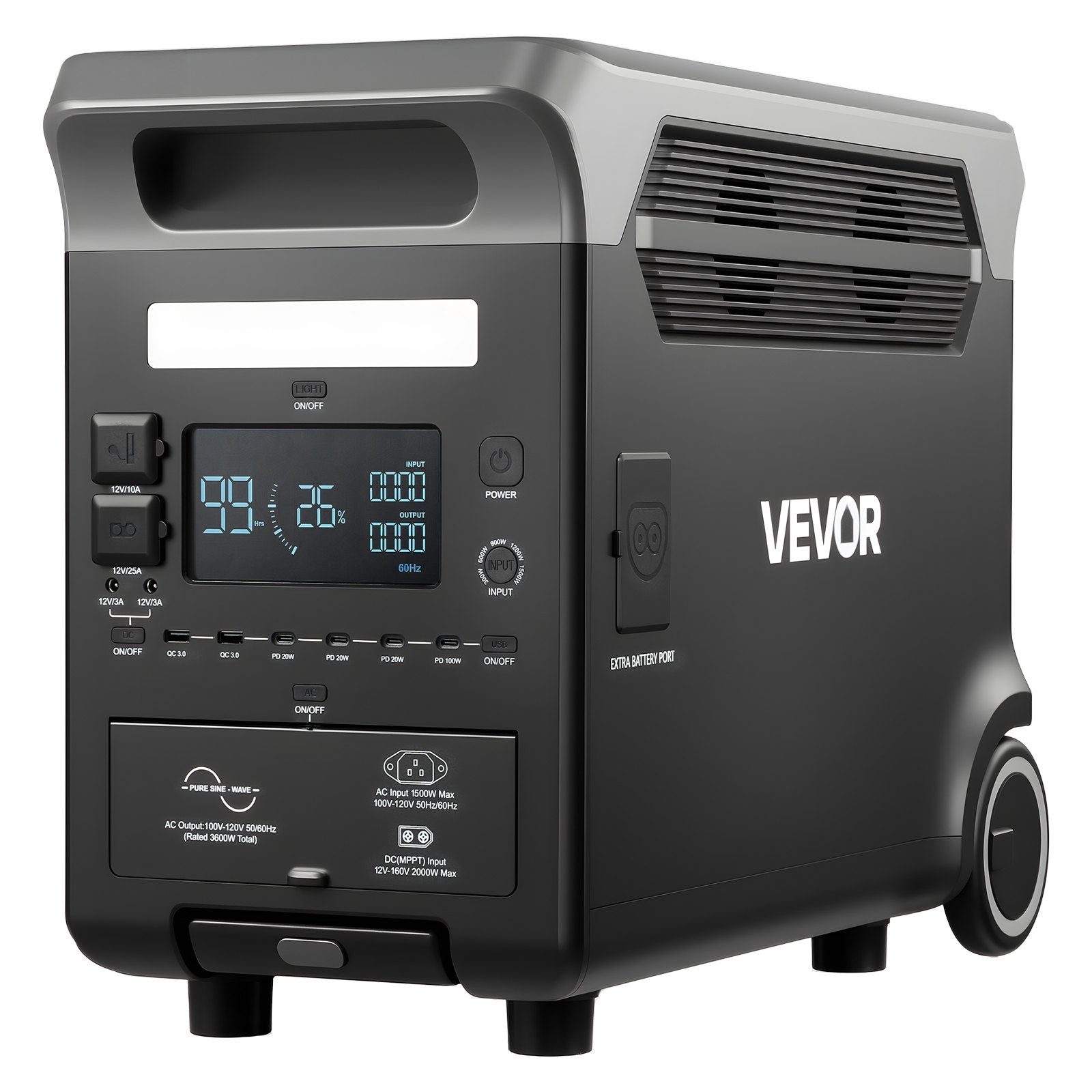 Vevor portable power station with digital display on a white background